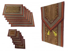 Indian Silk Table Runner with 6 Place Mats & 6 Coaster in Brown Color Size 16x62